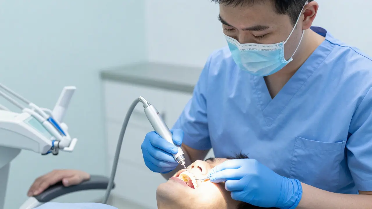 Zubní hygienistka odstraňuje kámen pomocí ultrazvukového nástroje.