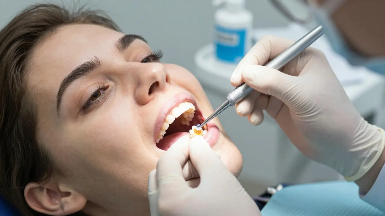 Zubní lékař aplikuje resinovou infiltraci na zub po ortodontické léčbě.