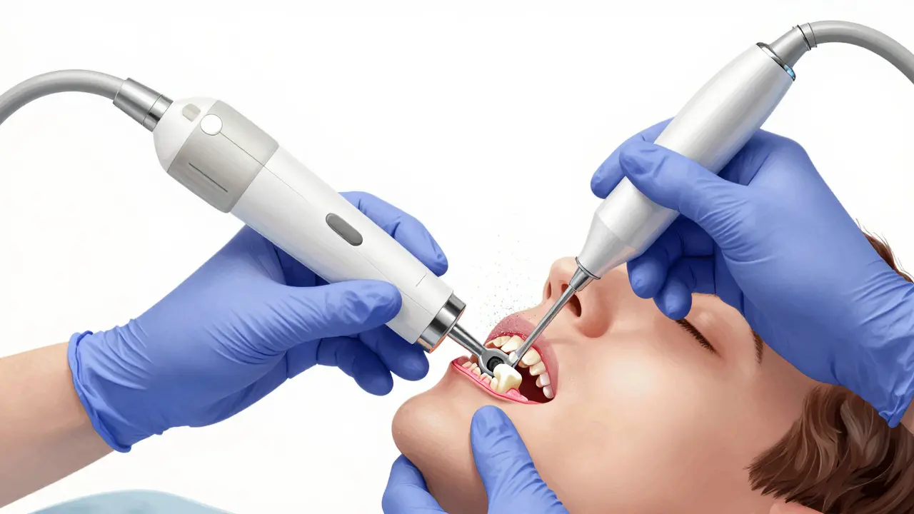 Zubní lékař odstraňuje kámen pod dásní pomocí ultrazvukového přístroje.