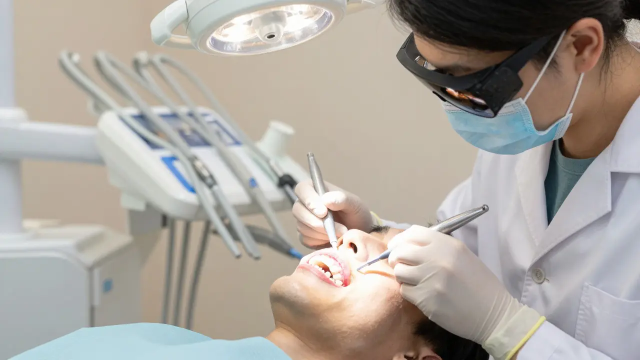 Zubní lékař přizpůsobeně umisťuje bělící šablony pacientovi v ordinaci.