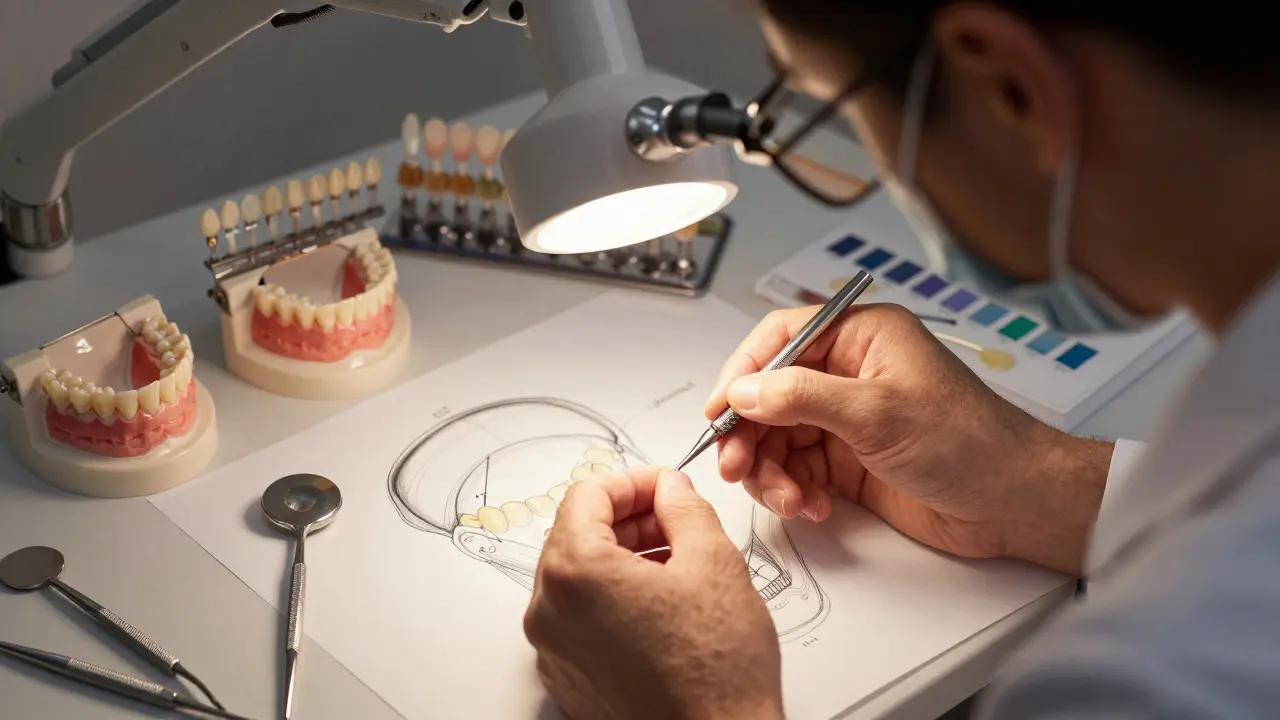 Zubní technik pracuje na přesně vyráběné keramické fazetě.