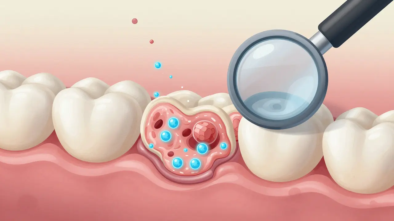 Zvětšený pohled na demineralizaci zubní skloviny a její regeneraci.