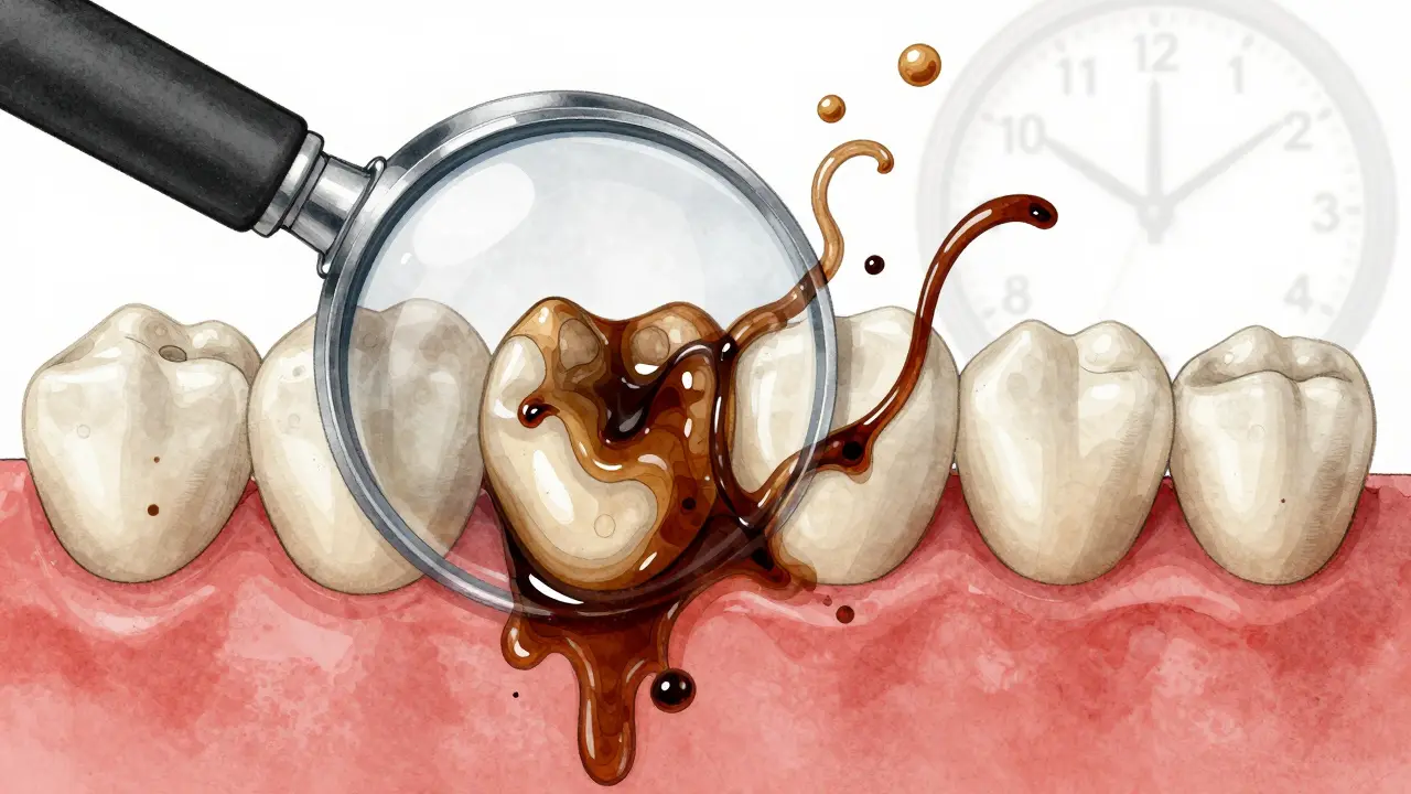 Zvětšený pohled na zubní sklovinku, kde se tmavé pigmenty z kávy vnikají do mikropórů.