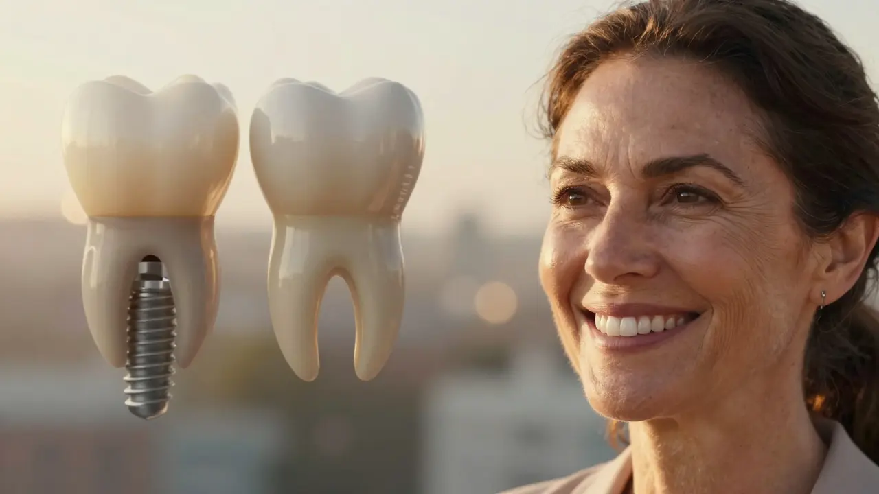 A woman smiling with restored teeth, as a missing tooth transforms into a stable dental implant with healthy bone.