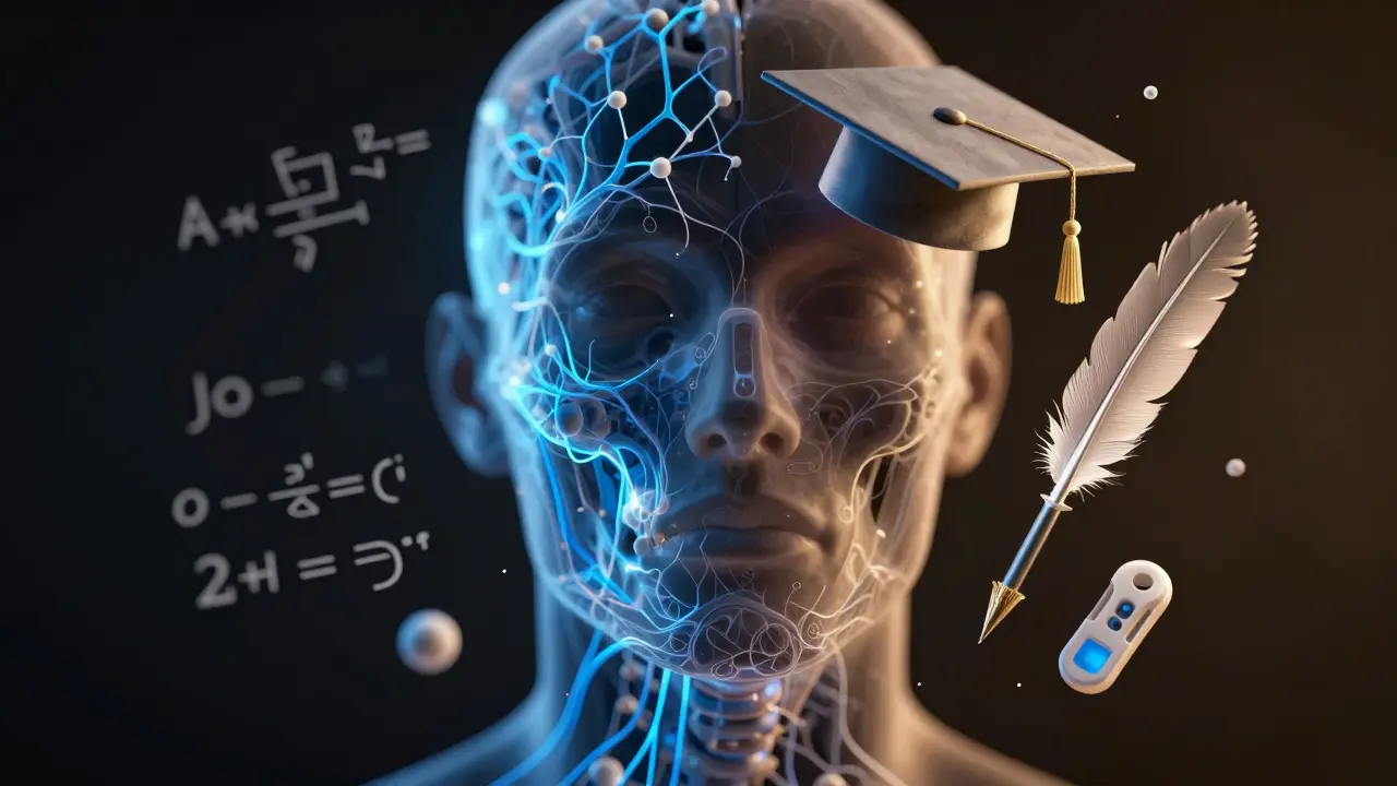 Abstraktní reprezentace obličeje s kostními strukturami a vědeckými symboly.