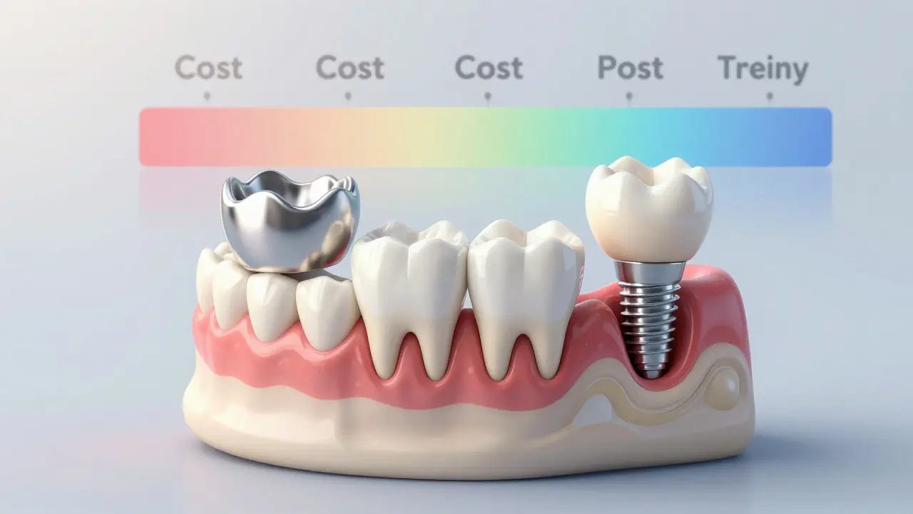 Cross-section of a jawbone showing three types of tooth replacements: crown, bridge, and implant with bone integration.