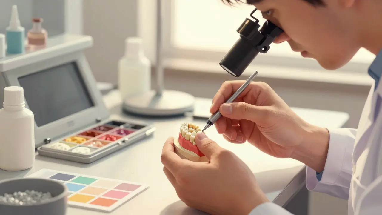 Dental technician hand-shaping a ceramic crown with porcelain powders and a tooth model.