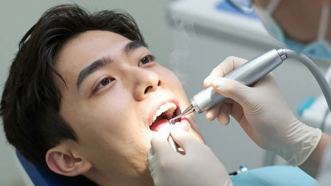 Dentální hygienik odstraňuje zubní kámen ultrazvukovým přístrojem