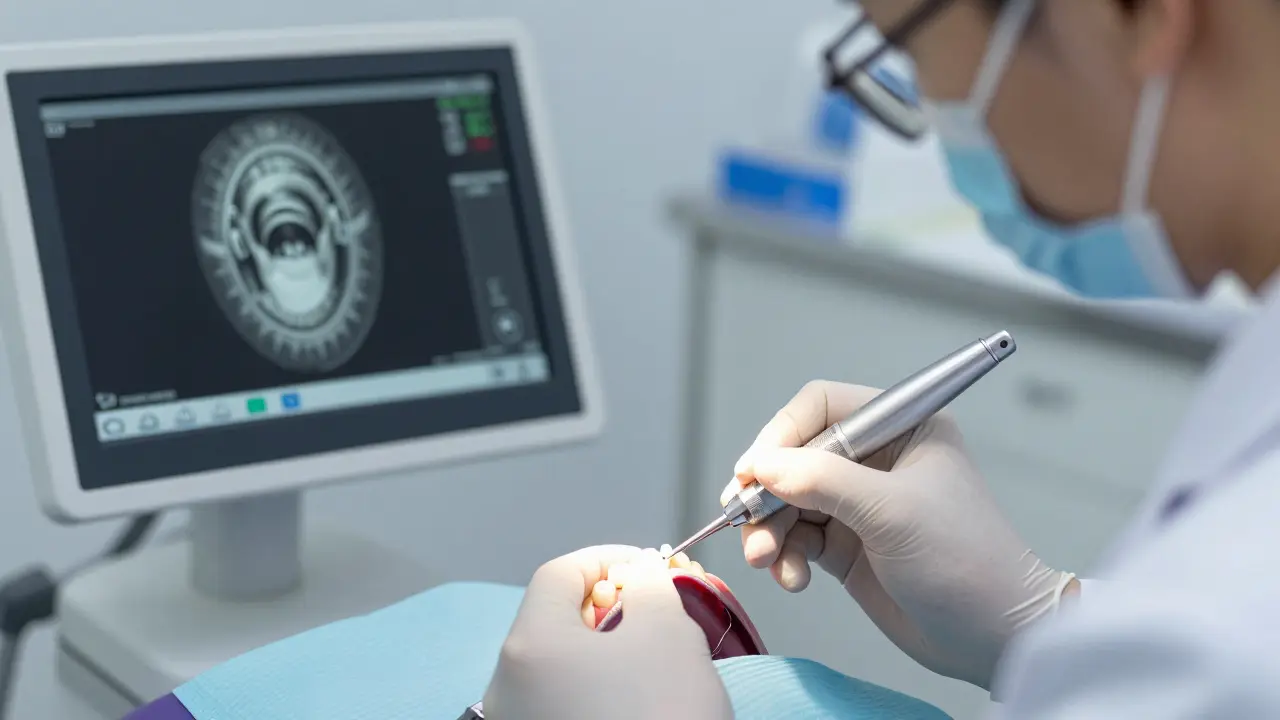 Dentista připevňuje tenkou keramickou fazetu na zub s přesnými nástroji.