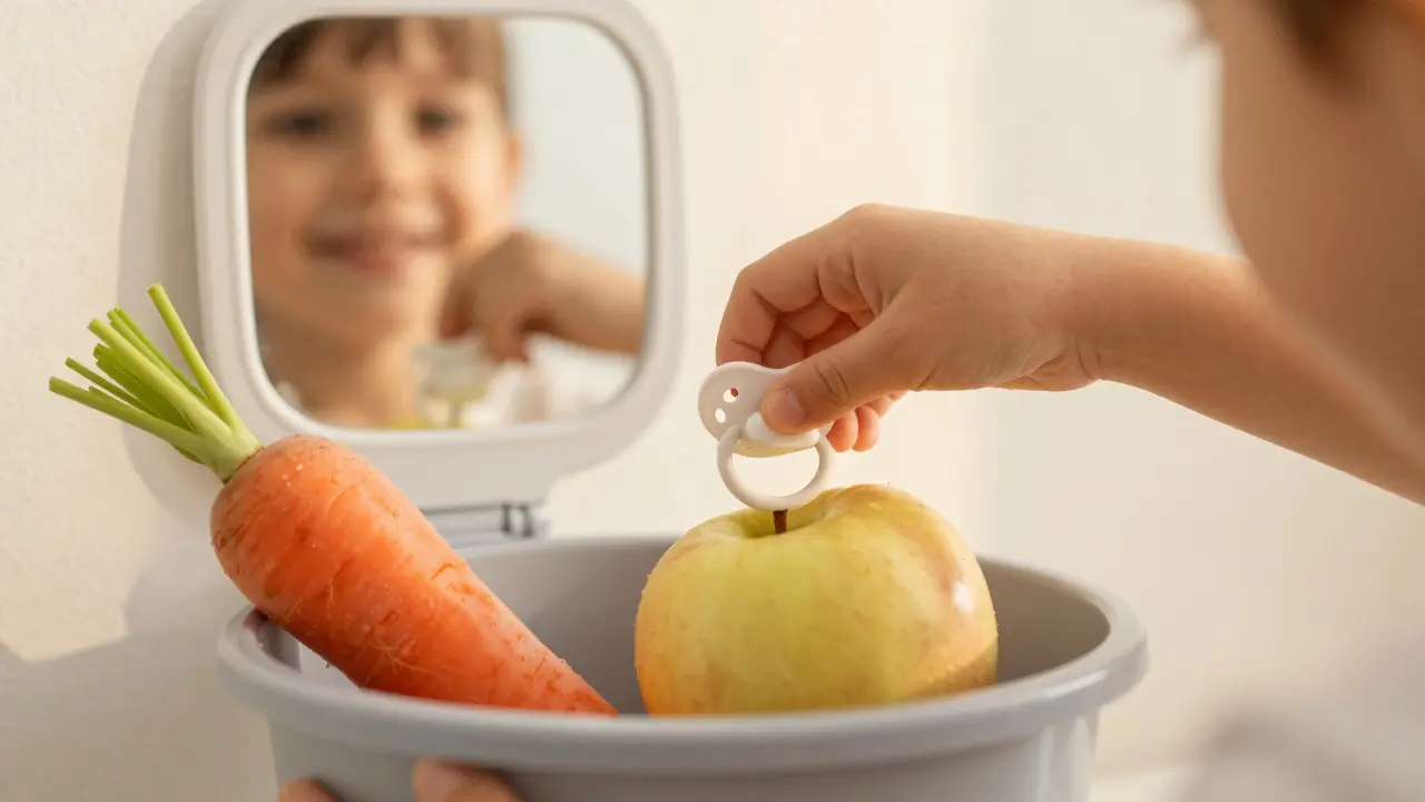 Dítě odmítá pacifikátor a jí tvrdé potraviny, odraz zdravého úsměvu ve zrcadle.