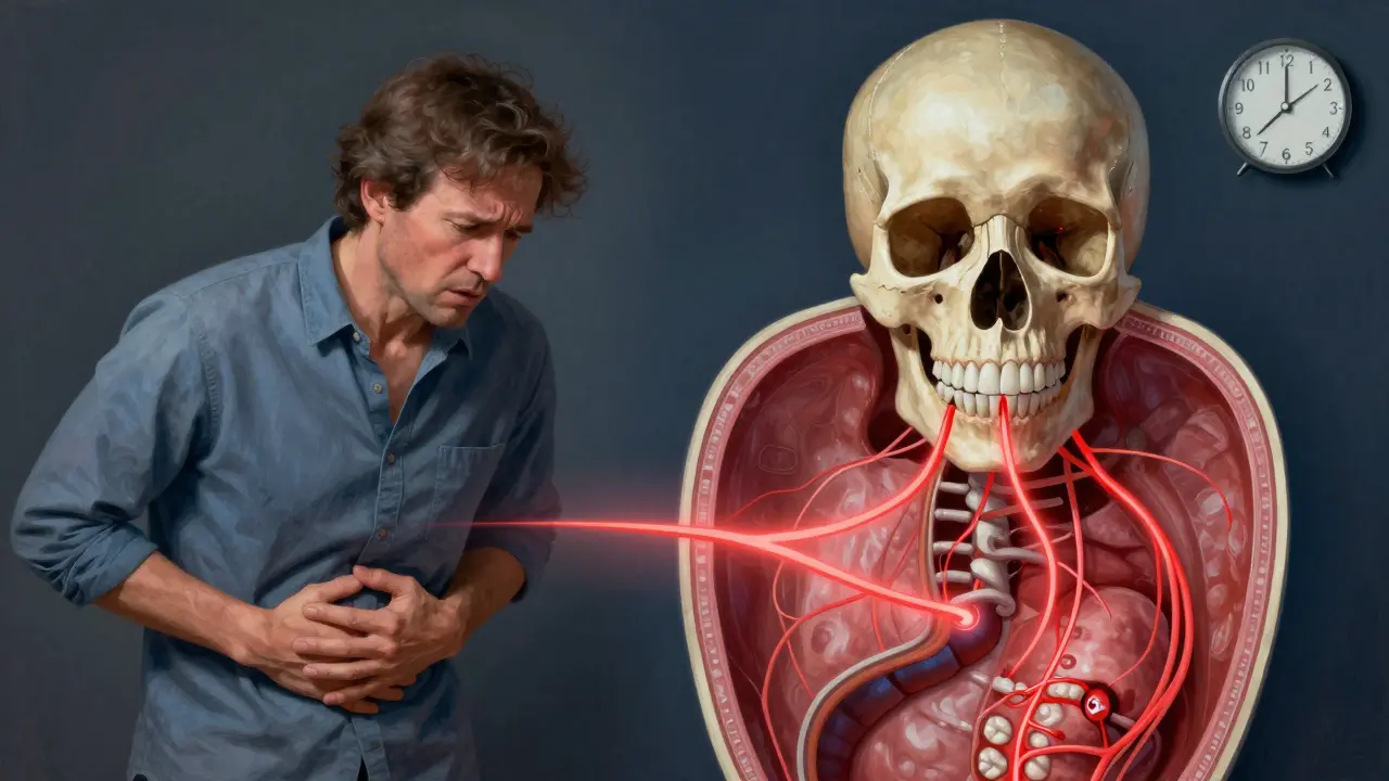 Dvoučástný obraz: bolest břicha na jedné straně, zubní absces a nervové spojení na druhé.