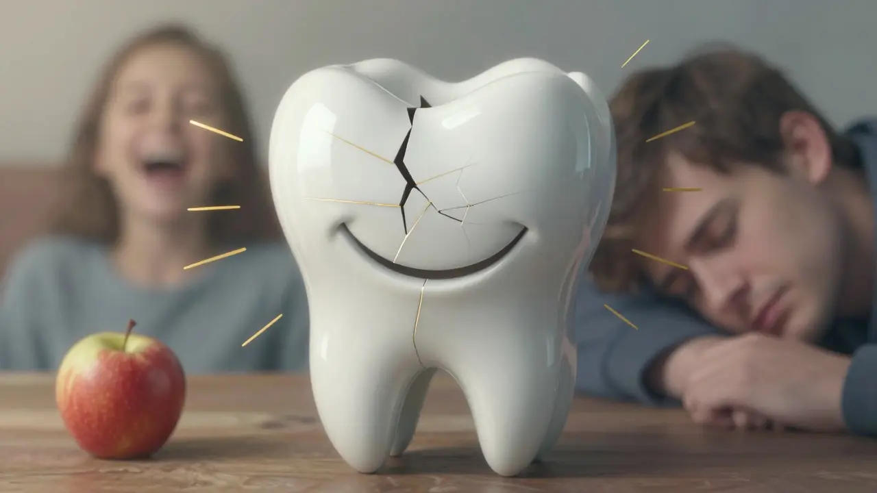 Frakturovaný úsměv s zlatými prasklinami, symbolizující skryté zubní poškození a ztrátu každodenních radostí.