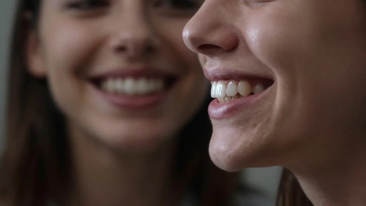 Jedna strana úsměvu s bělenými, křivými zuby, druhá se zarovnanými zuby po ortodontické léčbě.