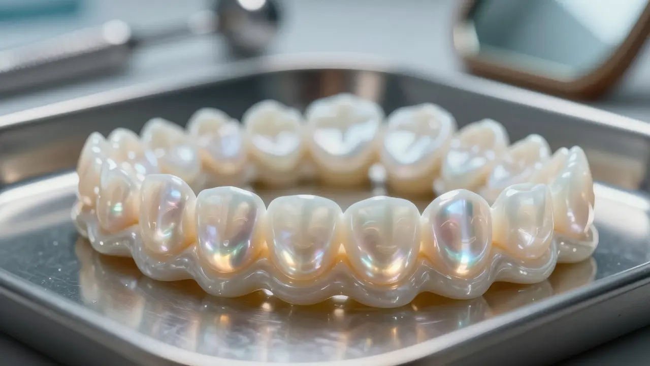 Keramické fazety uspořádané na kovovém podnosu, lesknoucí se jako perly.