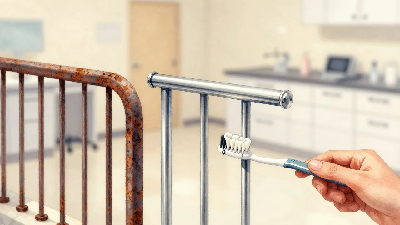 Kovové zábradlí s rustem a čistě upravené zábradlí jako metafora pro bělení a ortodontii.