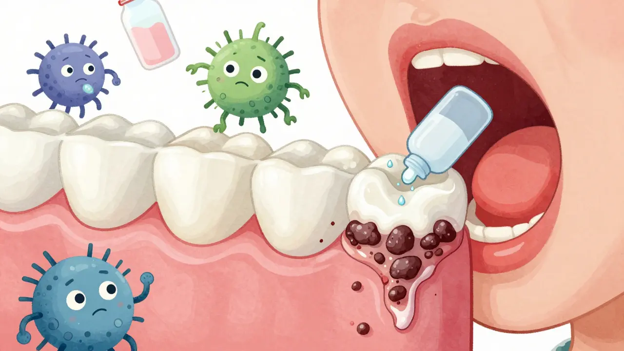 Křížový řez dětského ústního ústrojí ukazující vývoj plaku na zubní kámen a zánět dásní.