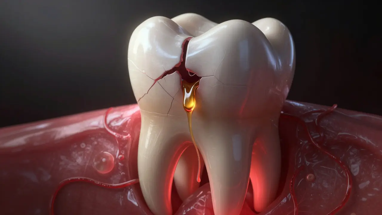 Nakažený horní molar s hnisem a infekčními proudy šířícími se do oblasti břicha a sinů.