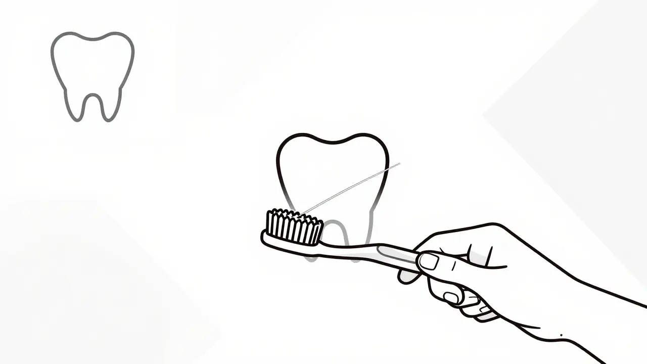 Osobní hygiena zubů s měkkým kartáčkem a nití.