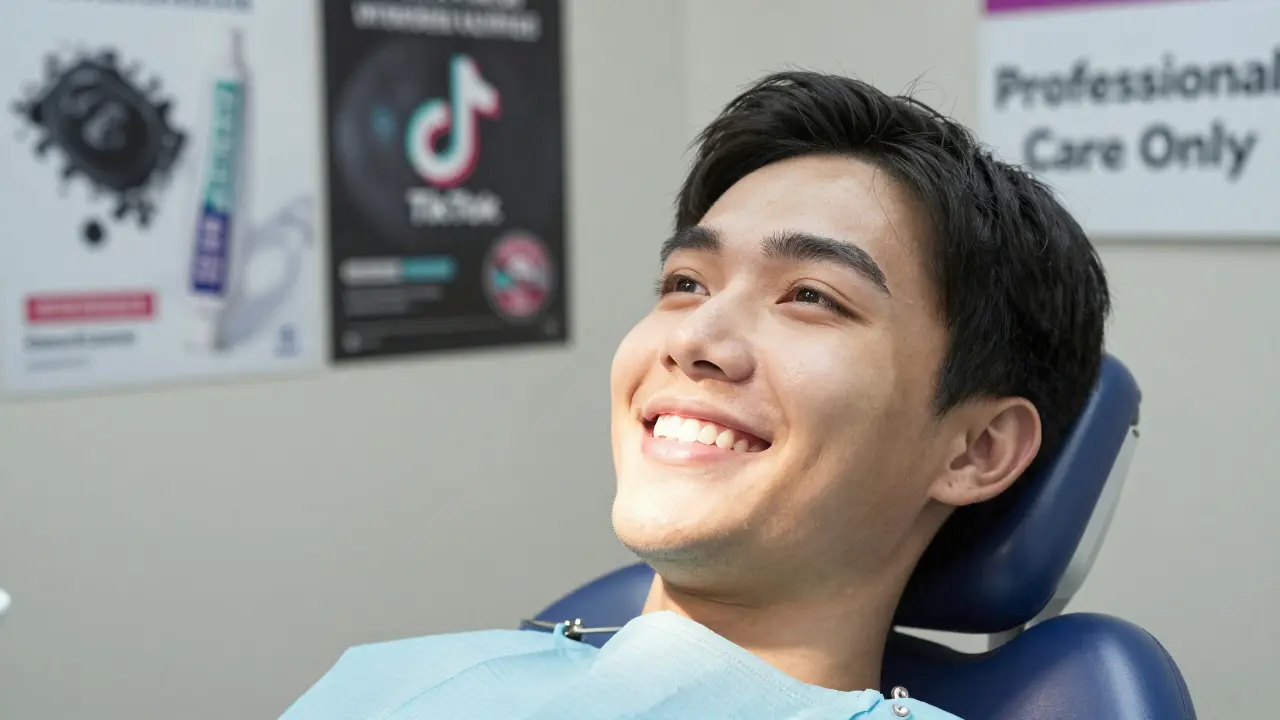 Pacient s osvěženým úsměvem po profesionálním bělení, za ním zastaralé reklamy na domácí metody.