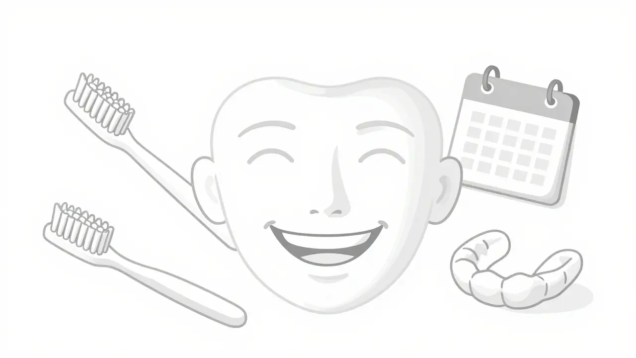 Péče o fazety: kartáček, noční štětina, návštěva u zubního.