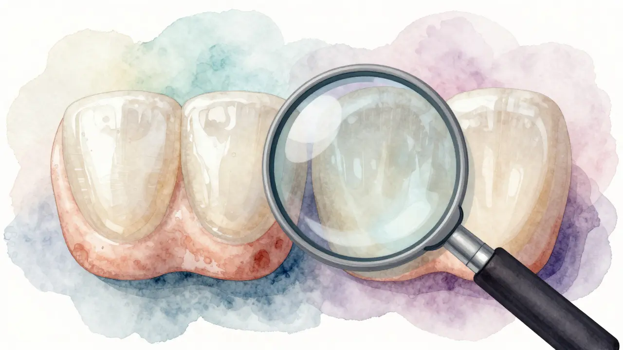 Porcelánová vs kompozitní fazeta v akvarelové ilustraci.