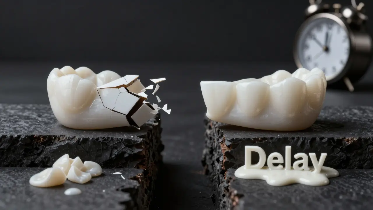 Porovnání dočasné a trvalé plomby jako mostu přes propast.