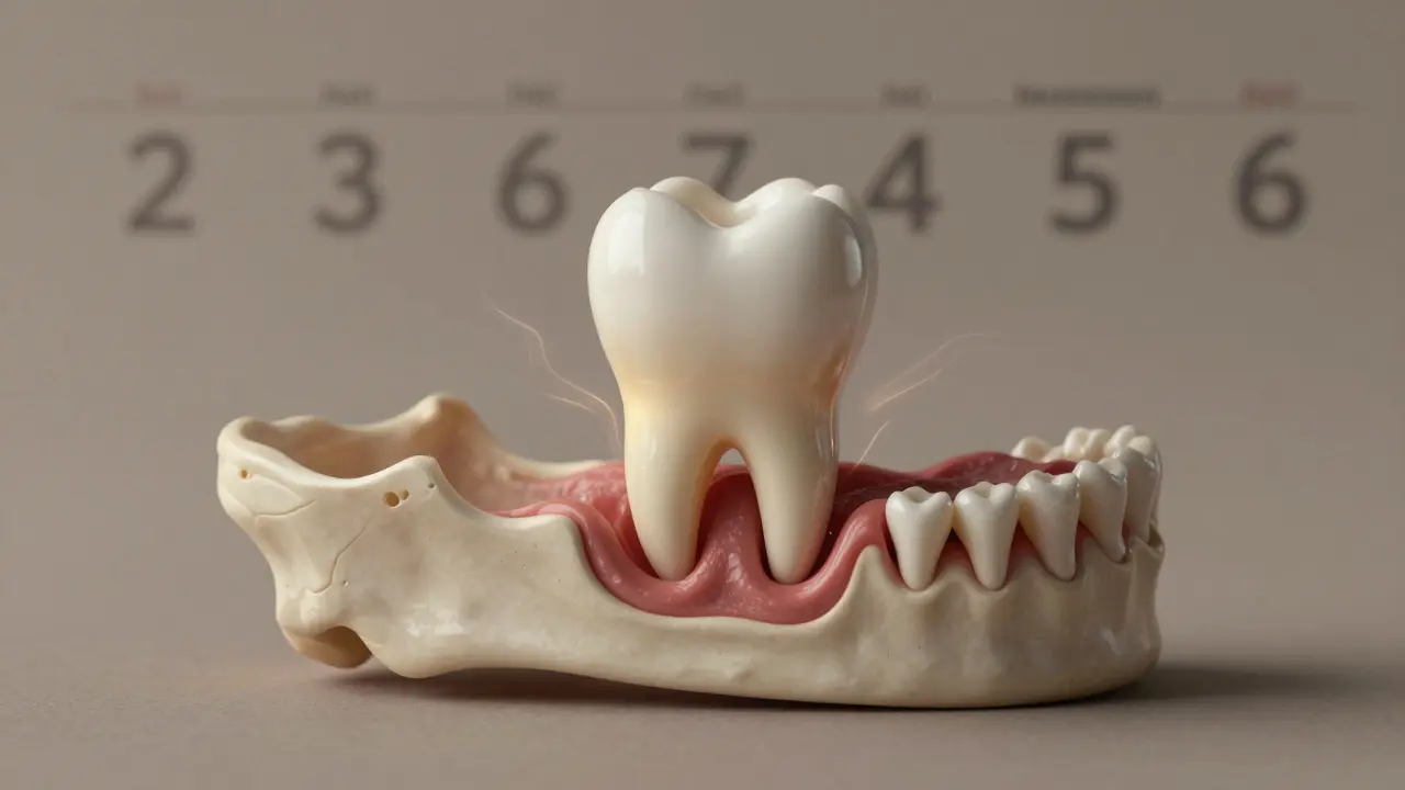 Přehled výrůstu trvalého zubu pod dásní po ztrátě mléčného zubu.