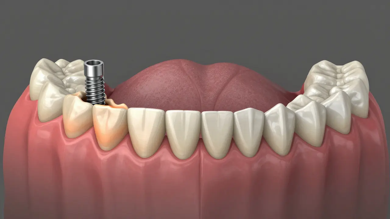 Průřez čelistí s implantátem stimulujícím kost a mostem způsobujícím její ztrátu.