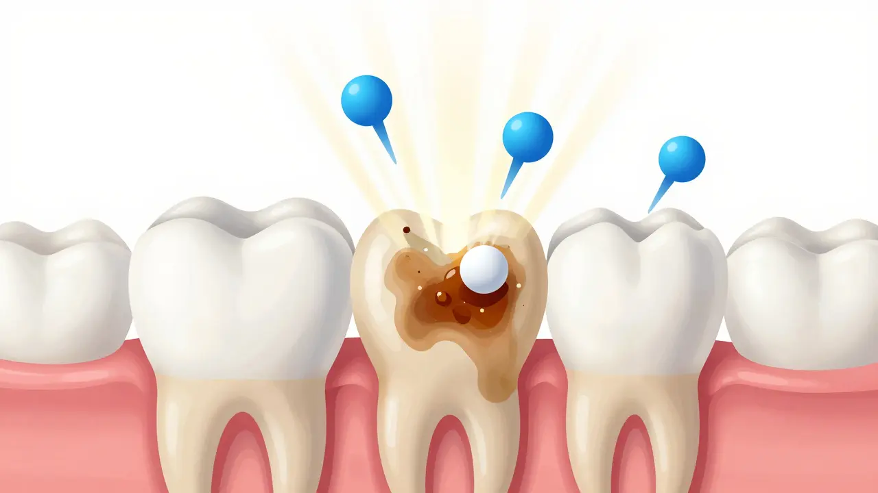 Průřez zubu ukazující chemický rozklad pigmentů v sklovině pomocí peroxidu.