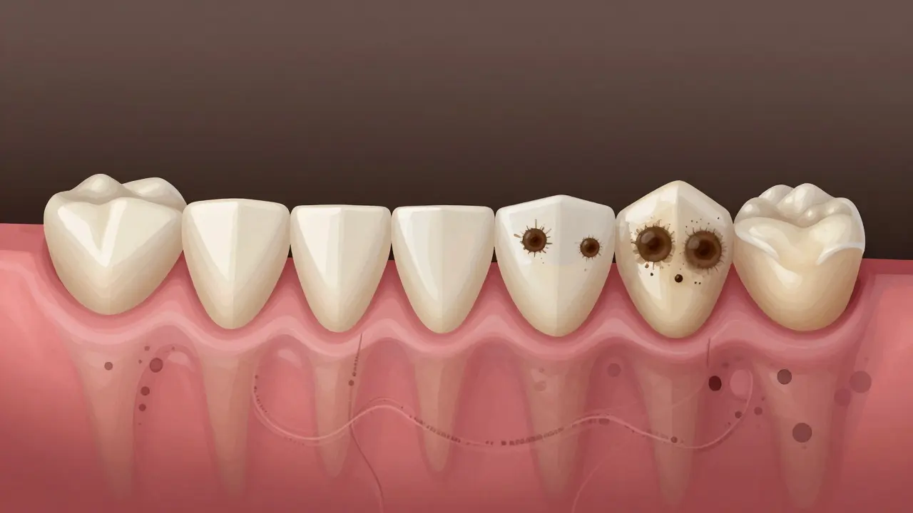 Srovnání zdravých dásní a zubního kamene u psa s viditelným nánosem.