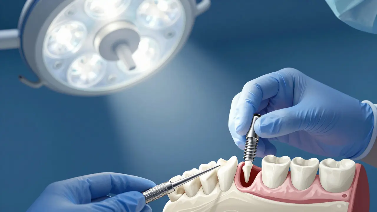 Stomatolog implantuje zygomatický implantát do zygomatické kosti.