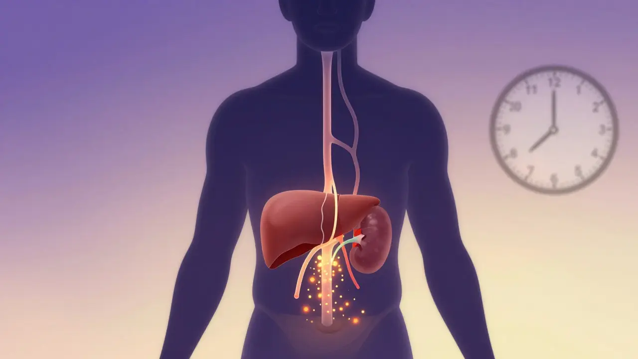 Tělo s přechodným vylučováním anestetik přes játra a ledviny během 24 hodin, symbolicky zobrazeno světelnými částicemi.