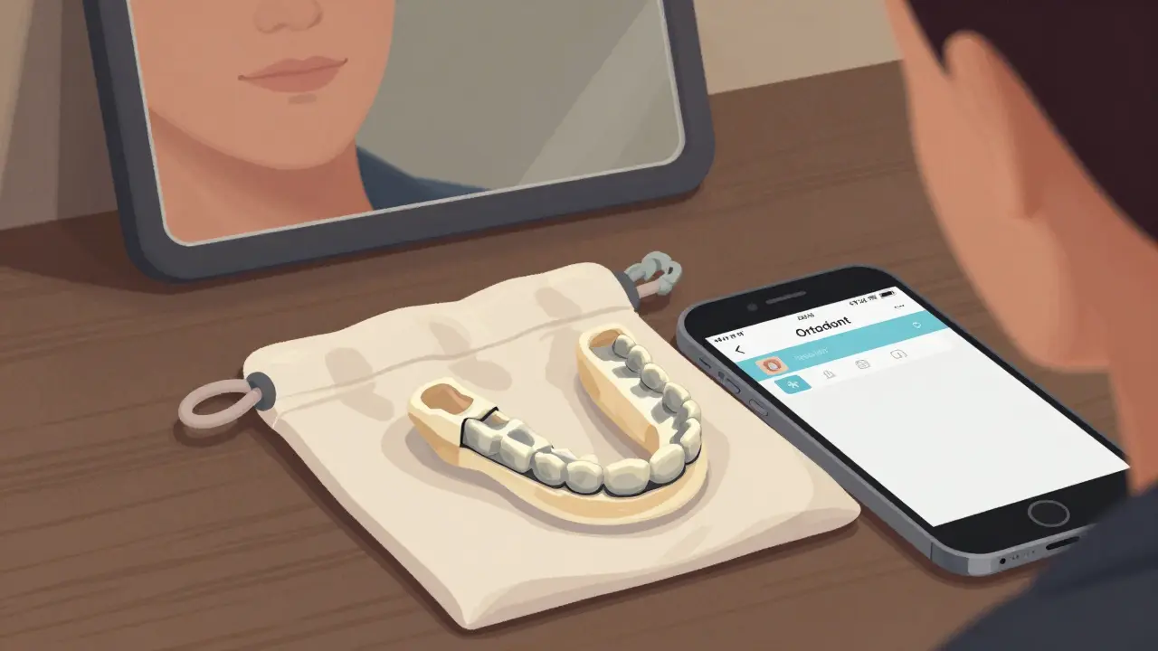 Uvolněná keramická ploška uložená v čistém pytlíčku vedle telefonu.