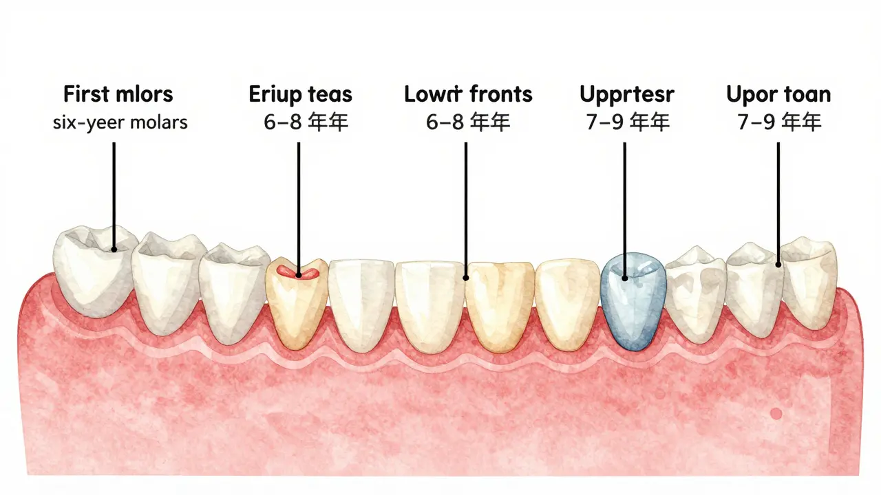 Vývoj trvalých zubů u dítěte v časovém sledu od šesti let.