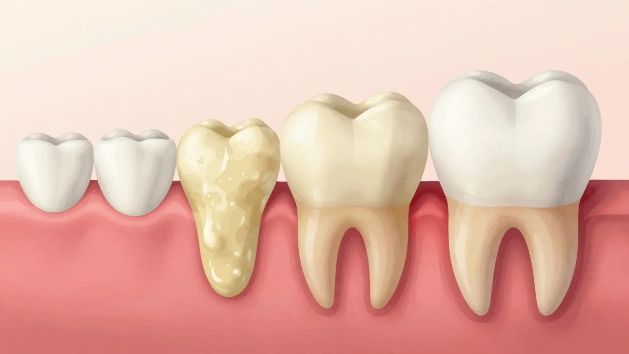 Vývoj zubního plaku do zubního kamene s příznaky zánětu dásní