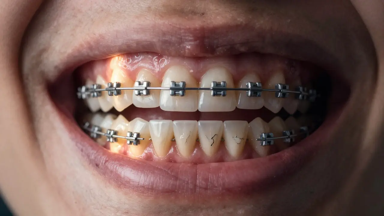 Zdravé zuby s keramickými rovnátky vs. zamračený obraz poškozeného zubu.