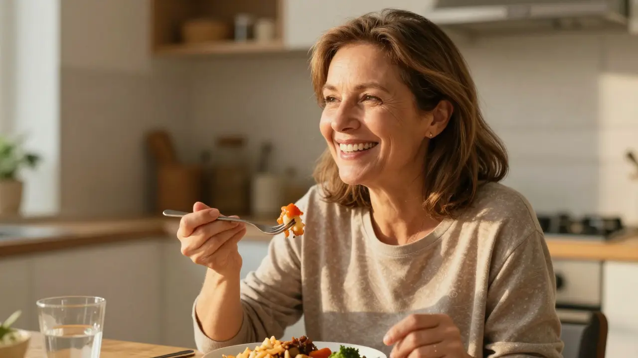 Žena jí s úsměvem po úspěšné implantaci zubů.