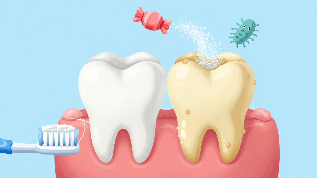 Zub s jasným rozdílem mezi zdravou sklovinou a zubním kamenem.