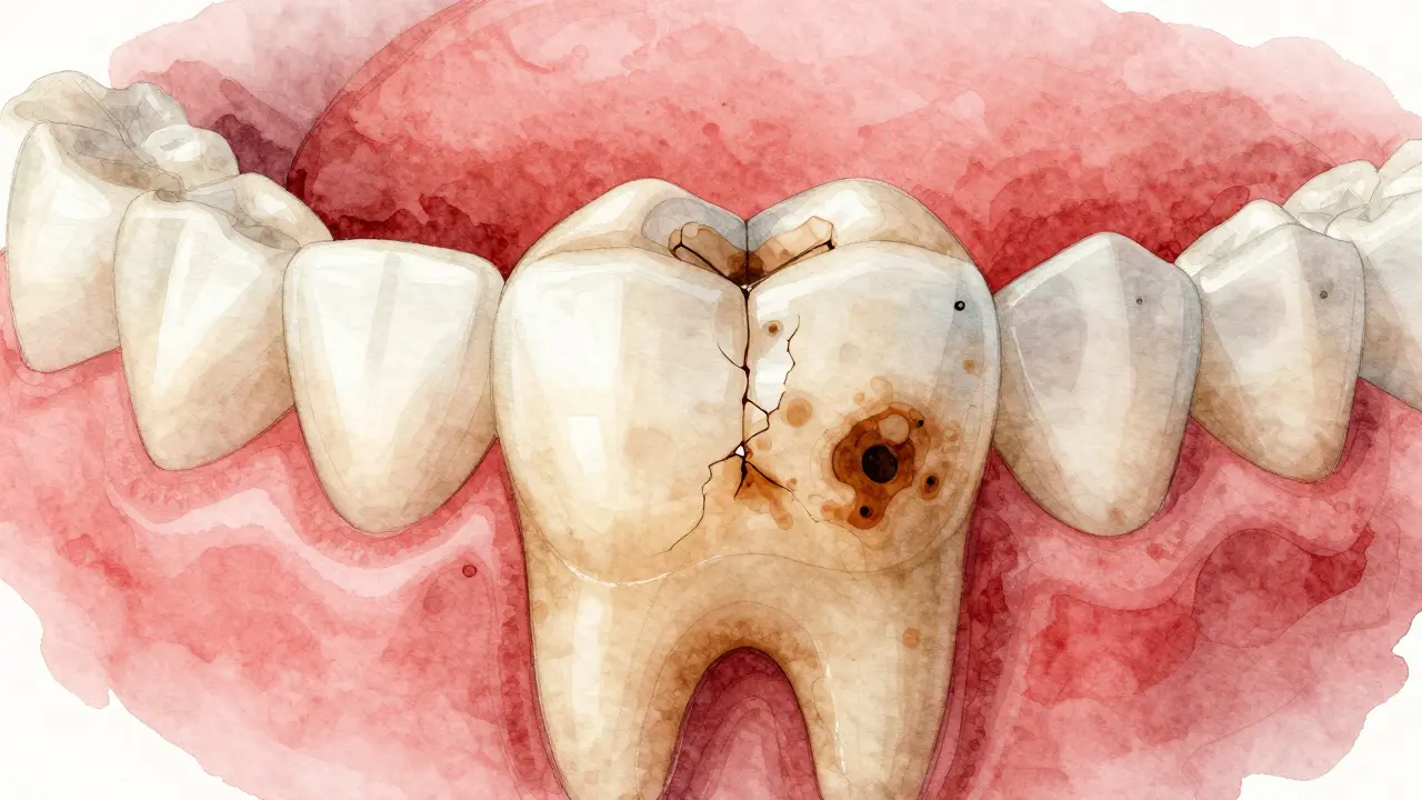 Zub s poškozenou výplní z kávy a tvrdých potravin.
