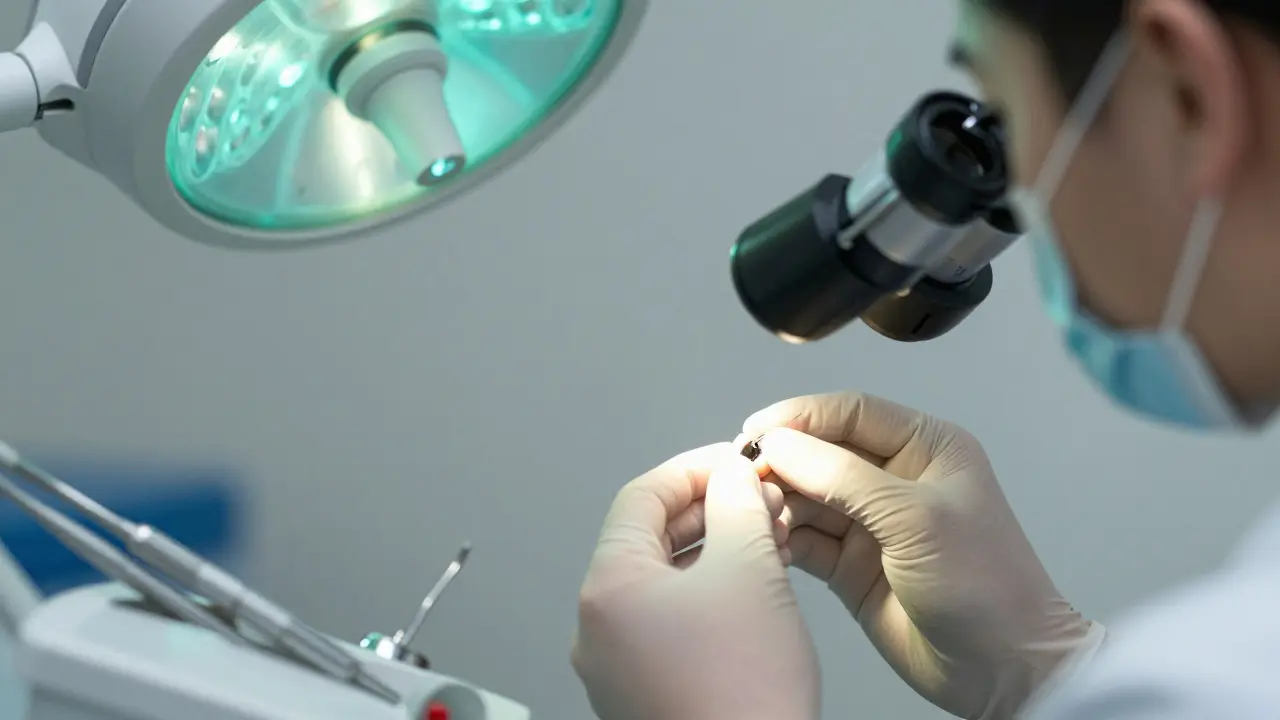 Zubní lékař prohlíží zub pomocí mikroskopu, kde jsou vidět mikroskopické praskliny.