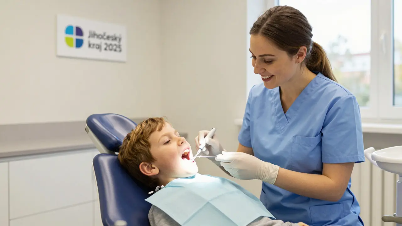 Child receiving a white filling in a dental clinic as part of a 2025 pilot program in South Bohemia.