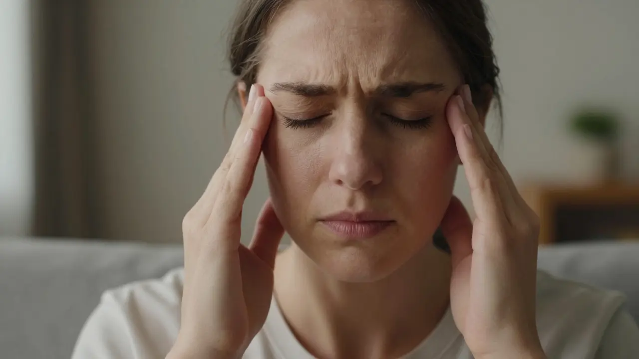 Člověk si přikládá ruku na tvář pro relaxaci svalů.