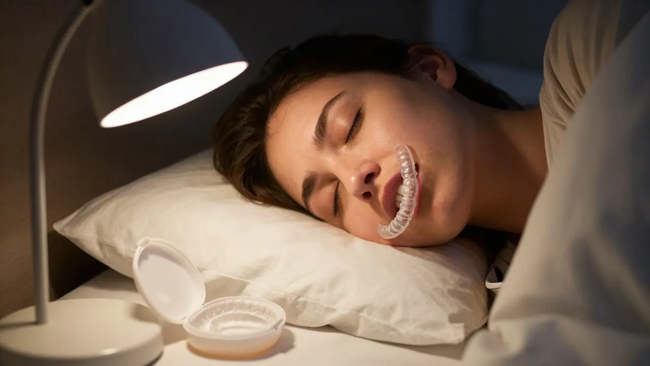 Člověk spí s retainerem na zubech, vedle leží krabička od rovnátek
