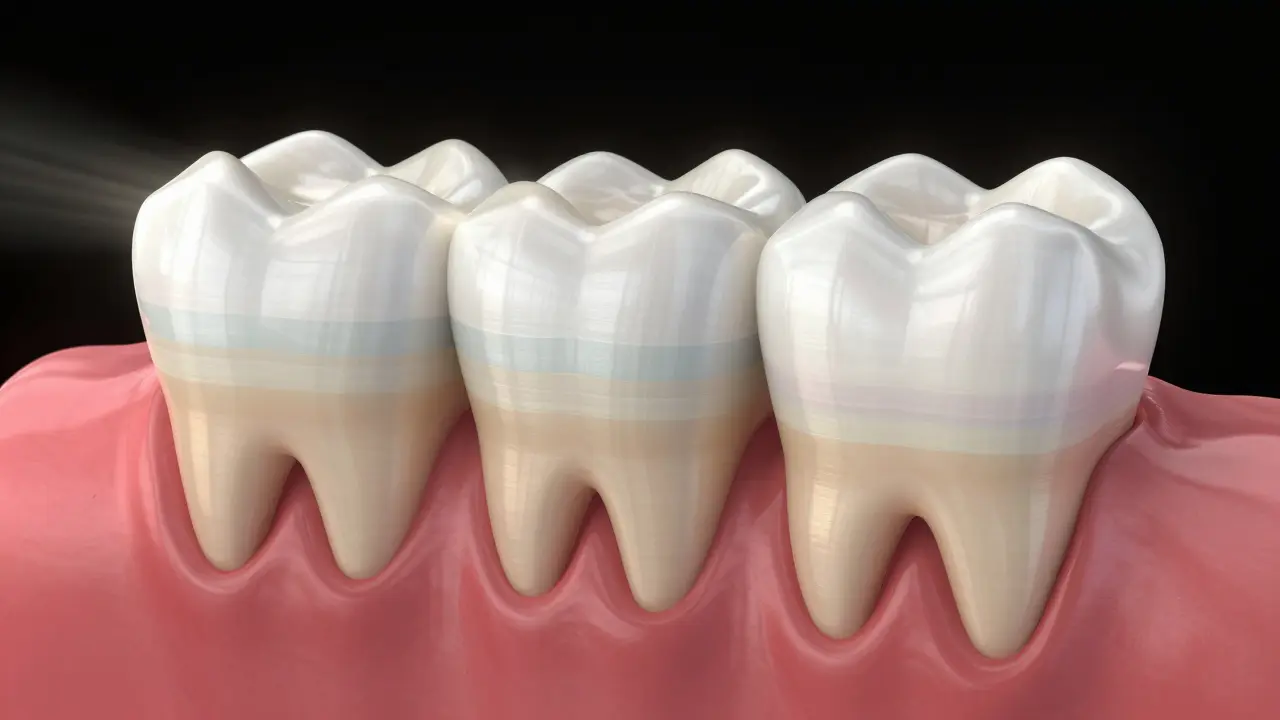 Cross-section of a tooth revealing five translucent composite layers mimicking natural enamel.