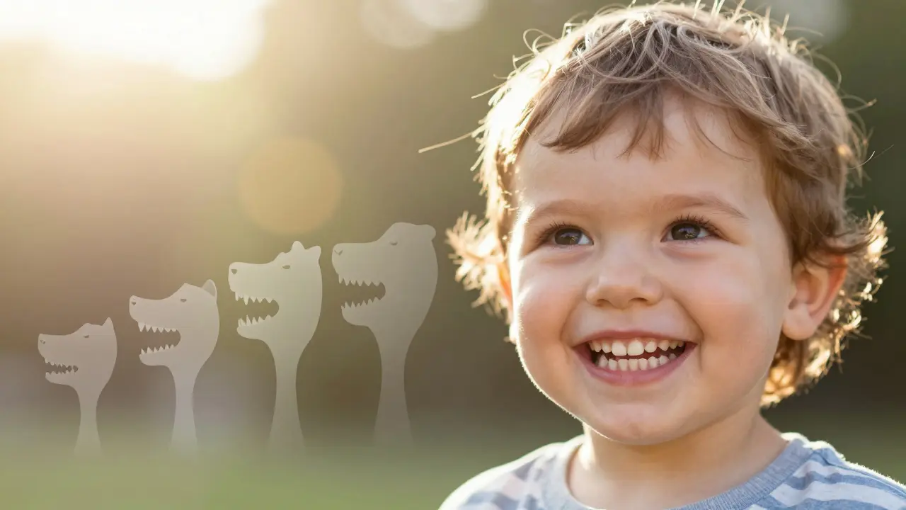 Dítě se smíchem, které ukazuje kompletní řadu 20 mléčných zubů, s jemnými průhlednými stíny jejich postupného výrůstku.