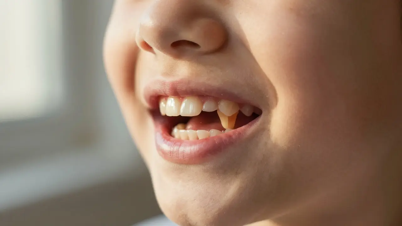 Dítě v přechodném věku s vyrostlým trvalým zubem místo mléčného, viditelný přechod v ústech.