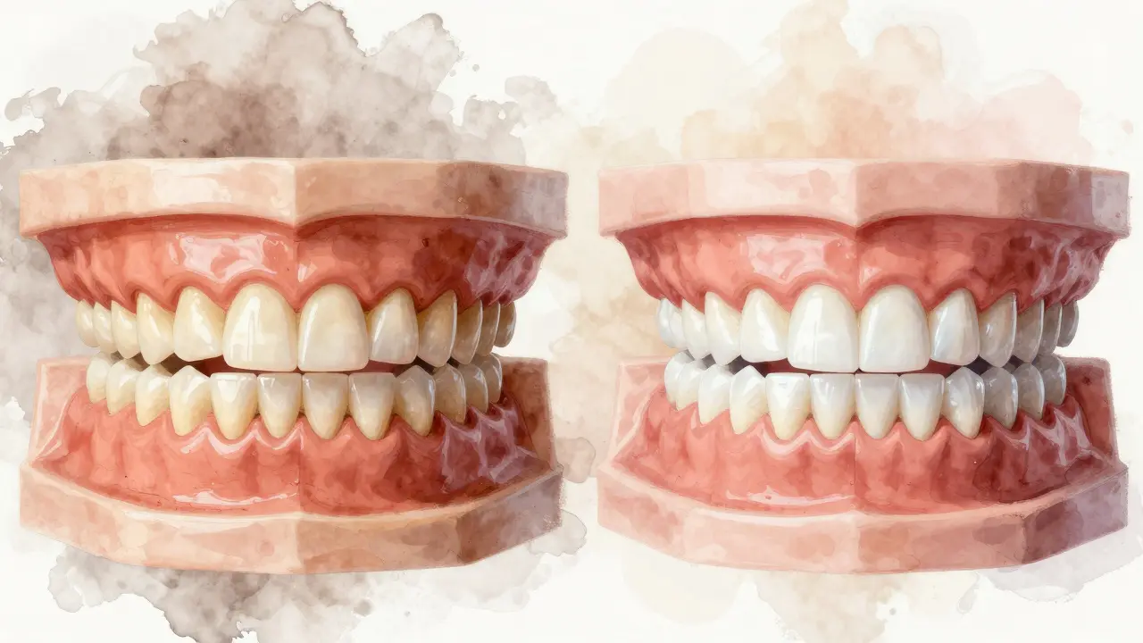 Dva modely zubů: zbarvené vs. přebarvené keramickými fazetami