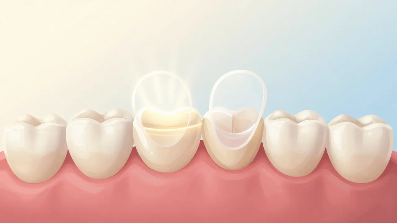 Dvě tenké keramické fazety překrývají poškozený zub, září jemným zlatým světlem jako ochranný štít.