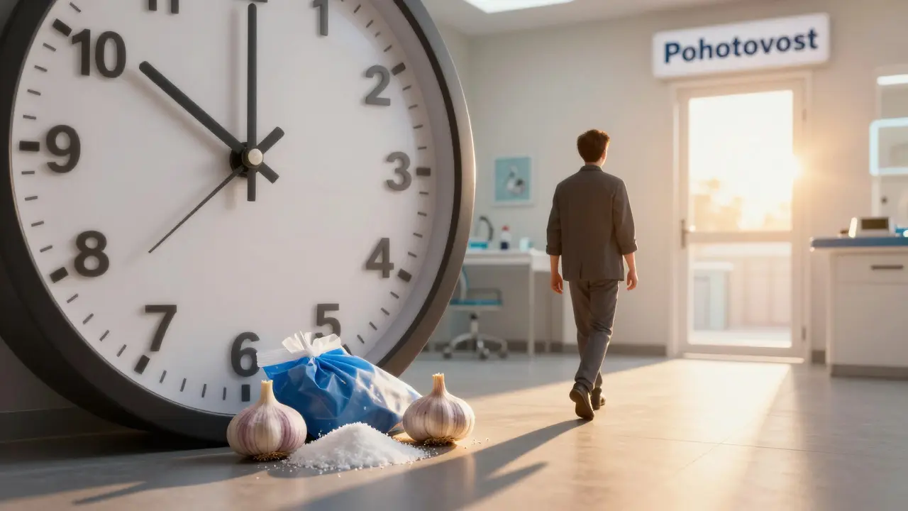 Hodiny s zuby jako ručičkami ukazují na 5 dní, zatímco člověk odchází od domácích prostředků k zubní pohotovosti.