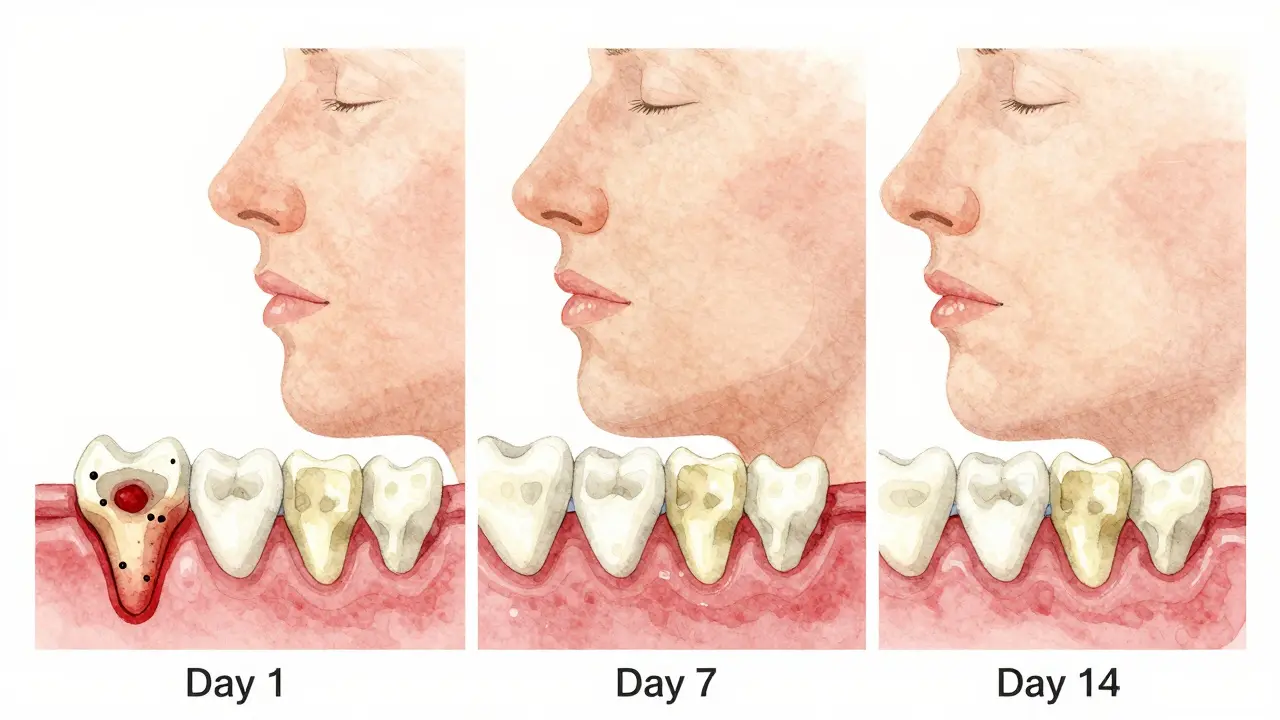 Ilustrace hojení čelisti po vytržení osmičky: krevní sraženina, zánět, hojení dásně a regenerace kosti.
